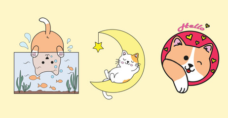 Set of Funny Kawaii Cat Illustrations, Vector illustration, Cute dancing cat, funny angry kitty and love cat vector illustration set
