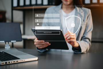 Cyber security concept, Login, User, identification information security and encryption, secure access to user's personal information woman using smart phone and tablet