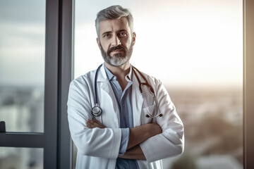 Chief physician or doctor with stethoscope stands in hospital in front of window, looks into camera - subject hospital, medicine or health system - Generative AI - obrazy, fototapety, plakaty