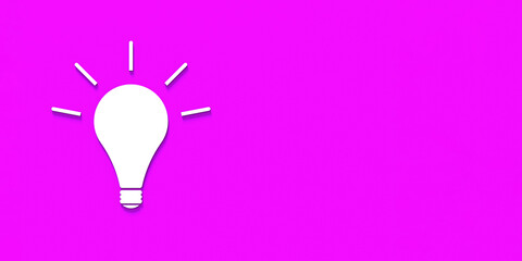 White glowing light bulb with shadow on pink background. Illustration of symbol of idea. Horizontal image. Banner for insertion into site. 3D image. 3D rendering.