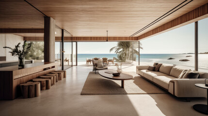 Fototapeta na wymiar Airy and spacious beachfront villa interior with an open floor plan. Generative AI