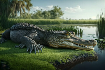 alligator animal river site on grass beside lake wallpaper hd AI Generated Image - obrazy, fototapety, plakaty