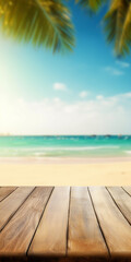 Empty wooden table on a beautiful blured tropical beach background. generative ai. Summer holiday background for product display