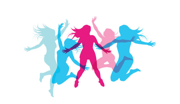 silhouette colorate di ragazze che saltano su sfondo bianco, 