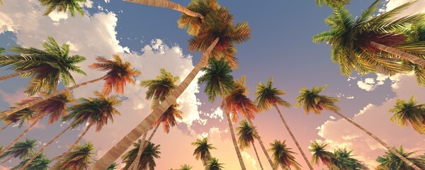 Fototapety  Palm trees at sunset against the sky with clouds, 3d rendering