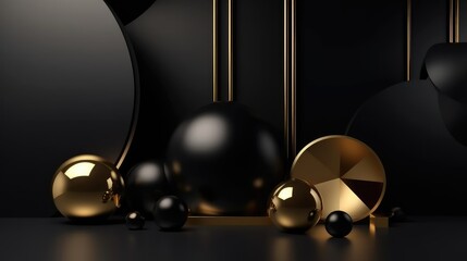 Black luxury background with 3d shapes and gold elements