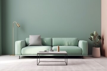 interior mint couch room sofa light wall design cushion living three-dimensional indoor. Generative AI.