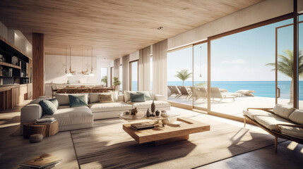 Fototapeta na wymiar Airy and spacious beachfront villa interior with an open floor plan. Generative AI