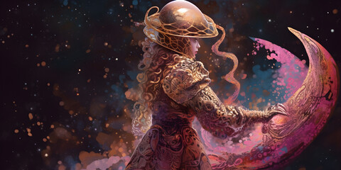 Fototapeta premium full length shot, tentacle helmet, fractal splattercore, space squid, holographic, metallic, galaxy fashion, Milky Way galaxy background, Spiraling, cosmic, shimmering, glittering, Generative AI