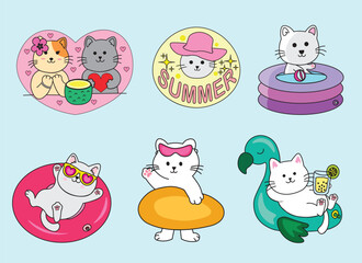 Cute Set of Kawaii cats hand drawn style with happy summer theme