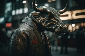 A bull suit symbolizing investment, watched by traders. Generative AI
