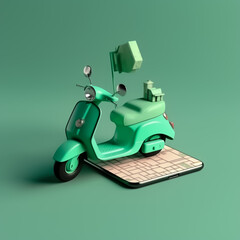 3D Rendering Scooter, Delivery service, Transportation or food delivery by scooter, isolated green background