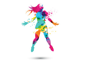 Plakat silhouette colorata di ragazza che salta su sfondo bianco