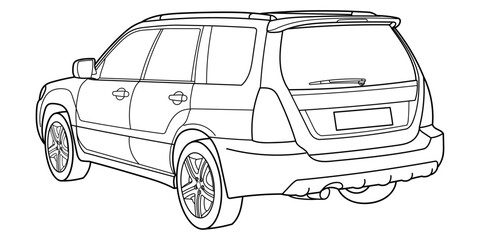 Classic suv car. Crossover car rear and side view shot. Outline doodle vector illustration. Design for print, coloring book
