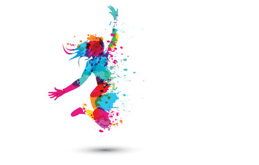 Fototapeta silhouette colorata di ragazza che salta su sfondo bianco obraz