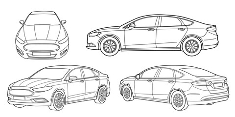 Set of classic sedan car. Different five view shot - front, rear, side and 3d. Outline doodle vector illustration	
