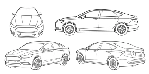 Gordijnen Set of classic sedan car. Different five view shot - front, rear, side and 3d. Outline doodle vector illustration   © Anton Baranovskyi