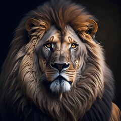 Fototapeta premium A portrait of a majestic lion, with a proud expression and golden eyes, against a dark, moody background. Highly detailed photograph Generative Art.