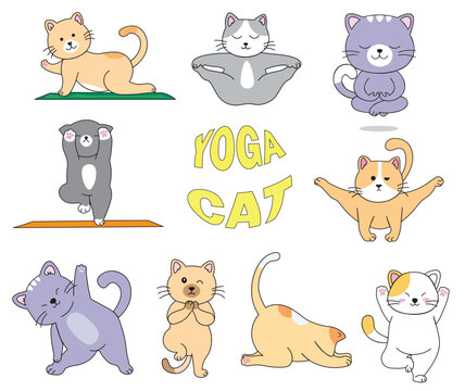 Funny yoga cat vector illustration. Kawaii Cat Cartoon Cat doing Yoga, Cat Doing Yoga Position clipart