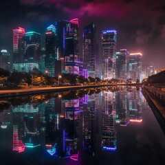 Fototapeta na wymiar Skyline at Night: Skyscrapers Relecting in a Calm River