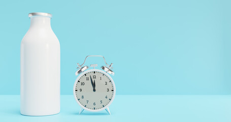 Milk day.Full bottle alarm clock blue background.3d rendering.