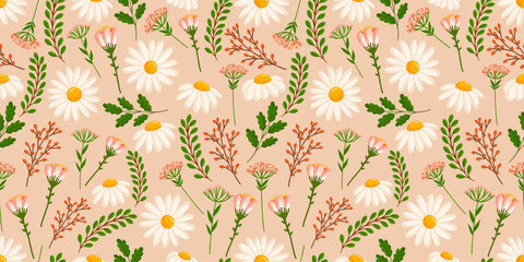 Seamless pattern with blooming daisies and field plants. Vector floral illustration with chamomile for postcard, poster, fabric, wrapping paper, decor, etc. Flowers for spring and summer holidays.