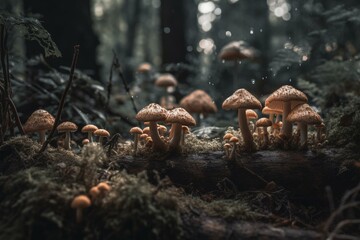 Fungi amidst trees. Generative AI