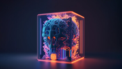 brain as artificial intelligence (ai) in vibrant neon colors, robot neural network, representing futuristic technology, banner, Generative AI