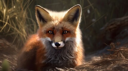 Fototapeta premium A friendly little fox with a bushy tail and a playful expression. AI generated