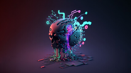 humanoid brain as artificial intelligence (ai) in vibrant neon colors, robot neural network, representing futuristic technology, banner, Generative AI
