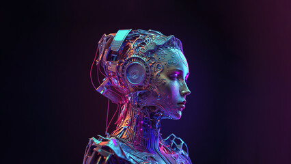 female humanoid head as artificial intelligence (ai) in vibrant neon colors, robot neural network, representing futuristic technology, banner, Generative AI