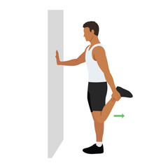 Man doing Standing quad stretch yoga workout on the wall. Flat vector © lioputra