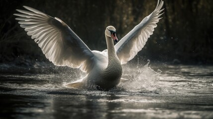 Fototapeta na wymiar A graceful swan gliding through the water with its wings spread wide. AI generated