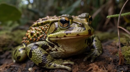 Fototapeta premium A green frog with a wide grin and a spotted belly. AI generated