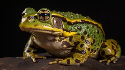 Fototapeta premium A green frog with a wide grin and a spotted belly. AI generated