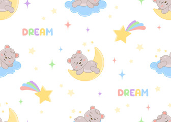 Cute Bear Sleeping Seamless Pattern Cartoon Illustration