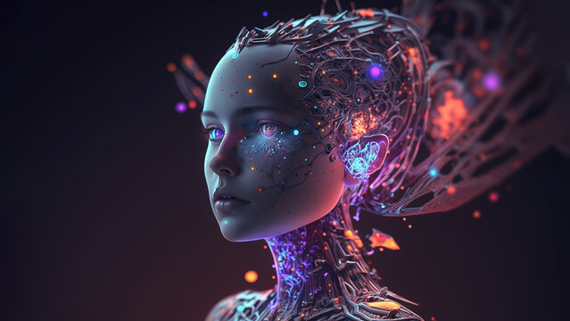 female humanoid head as artificial intelligence (ai) in vibrant neon colors, robot neural network, representing futuristic technology, banner, Generative AI