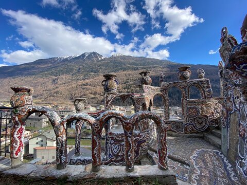Valtellina, Italy - March 12, 2023: il castello valtellinese del Gaud&igrave; di Grosio, Nicola di Cesare, a castle made by a local on a mountain side of nor