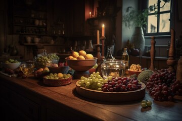 A cozy kitchen with rustic decor, featuring wine, plates, and fruits on a wooden table. Generative AI