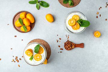 Chia pudding parfait, layered with kumquat and granola. breakfast. Healthy food concept. place for text