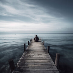 Naklejka premium An older man sitting at the edge of a boardwalk pier against a sea background. A.I. generated. 
