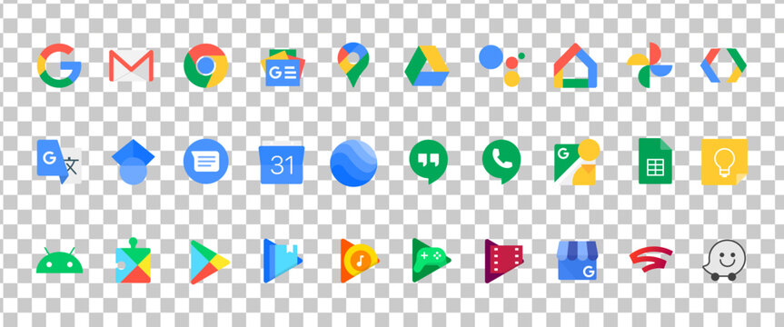 Google set icon. Chrome, google podcast, one drive, maps, pixel, search concsole, optimize, google ads, cloud, interactive media, manafactured centre, android, blog. Vector line icon for Business