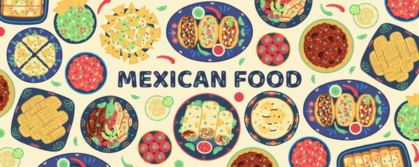 Background with traditional mexican food. Mexican cuisine. Tacos, tortilla, quesadilla, fajitas, nachos, burrito, tomales, guacamole, salsa, margarita, chili con carne and enchiladas. Vector