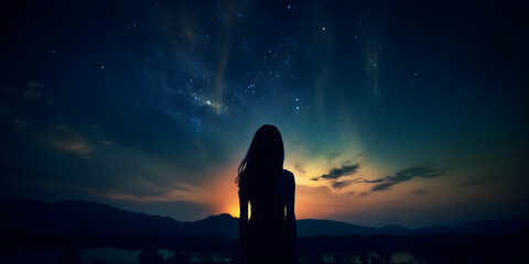Fototapeta premium silhouette of a girl on a mountain, silhouette of woman, girl, night, harmony, loneliness wallpaper flare, silhouette of a person in the forest, Generative AI