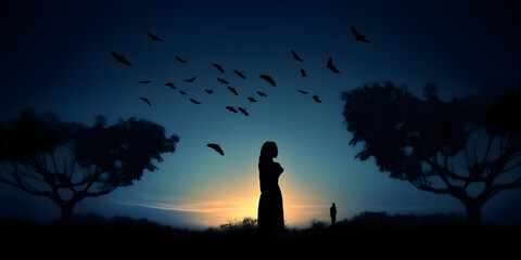 Obraz premium silhouette of a girl on a mountain, silhouette of woman, girl, night, harmony, loneliness wallpaper flare, silhouette of a person in the forest, Generative AI