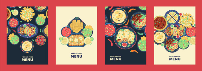 Vector set of a4 templates with illustrations of traditional mexican food such as tacos, burritos, guacamole, salsa, tamales, etc. Designs for menu covers, cookbooks, posters, banners. Mexican cuisine