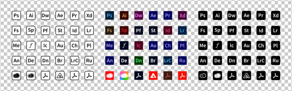 Adobe product. Logotype set of adobe products: adobe, illustrator, photoshop, creative cloud, after effects, lightroom. Adobe programs logos collection. Editorial vector illustration