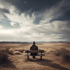 An older man sitting on a bench against a vast scenic background. A.I. generated.
