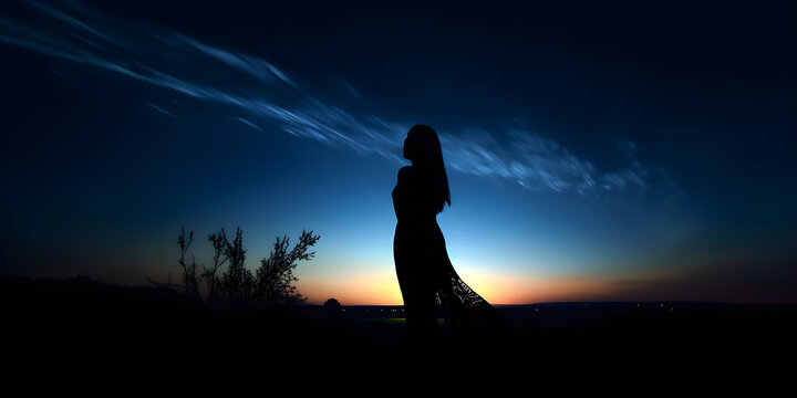 silhouette of a girl on a mountain, silhouette of woman, girl, night, harmony, loneliness wallpaper flare, silhouette of a person in the forest, silhouette of a person on a hill, Generative AI