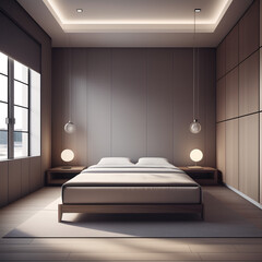 Warm linen modern bedroom, minimalistic, trending interior design. Generative AI